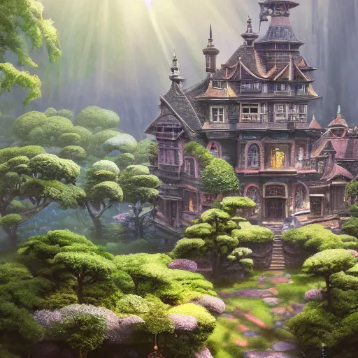 Prompt: a beautiful hyperrealistic detailed miniature diorama of a magical mansion from studio ghibli, by jordan grimmer and hayao miyazaki and adolf hira, crepuscular ray, vibrant, wide angle, epic, morning light emitting, vast, trending on artstation, cgsociety, intricate, atmospheric lighting, unreal engine, 8 k resolution, ultrafine detail, octane render