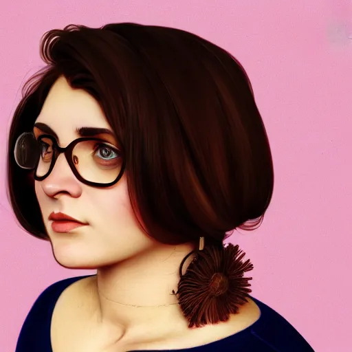 Prompt: portrait of a heavy stocky petite romanian woman, brown hair, messy bob, brown eyes, romanian, glasses, wide shot, digital art, alphonse mucha, loish, 8 k, trending on artstation