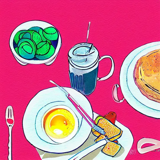 Prompt: illustration breakfast by Leigh Viner