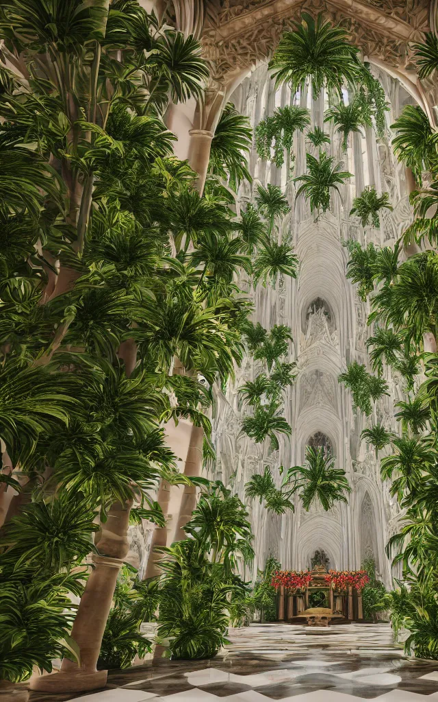 Image similar to grand cathedral interior with koi pond in the middle surrounded by palm trees, ivy, flowers, tropical plants, roses, and with archways, rendered in octane render with photorealistic cinematic volumetric lighting, cinematic, horizontal symmetry, symmetrical