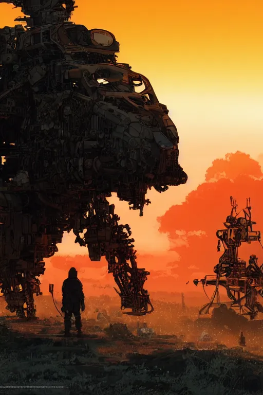 Image similar to A real photo of a Mechanical War-Bear and the sunset in the distance, by Josan Gonzalez, Yoji Shinkawa and Geof Darrow, highly detailed, Unreal Engine Render, 3D, 8k wallpaper