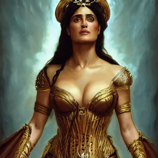 Prompt: the portrait of salma hayek as amazon in intricate dress by roberto ferri, fantasy, witcher, very detailed oil painting, masterpiece, 8 k