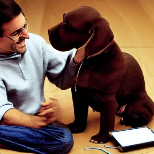 Image similar to Steve Jobs lovingly playing with a brown puppy, highly detailed, hyper realistic
