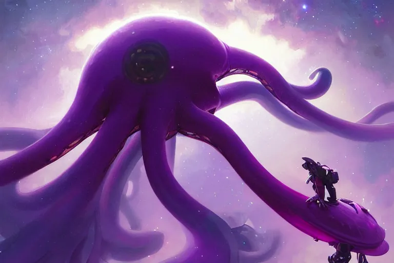 Prompt: Giant purple octopus attack in a space station, elegant, intricate, retrofuturistic digital painting, artstation, concept art, smooth, sharp focus, illustration, art by artgerm and greg rutkowski and alphonse mucha