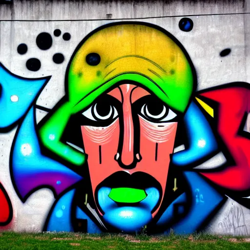 Prompt: wall with graffiti of man with one eye made with colored circles and lines, by Julien Durix