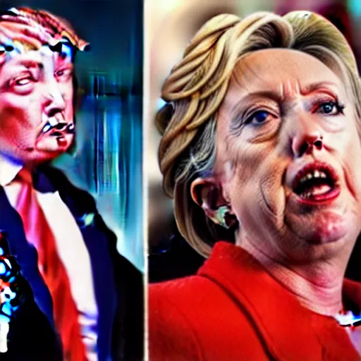 Image similar to realistic portrait of Donald trump kissing Hillary Clinton, hyperrealistic