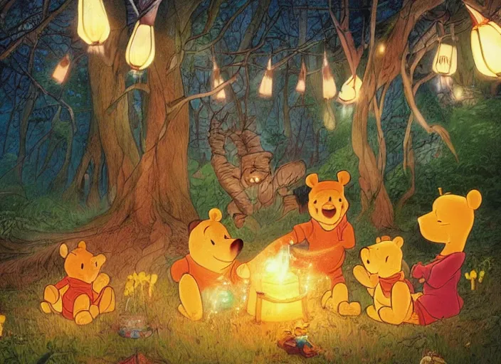 Image similar to concept art of a birthday party in the woods at night with winnie the pooh characters, paper lanterns and fairy lights, detailed, realistic, cel shaded, in the style of makoto shinkai and moebius and peter mohrbacher and james gurney