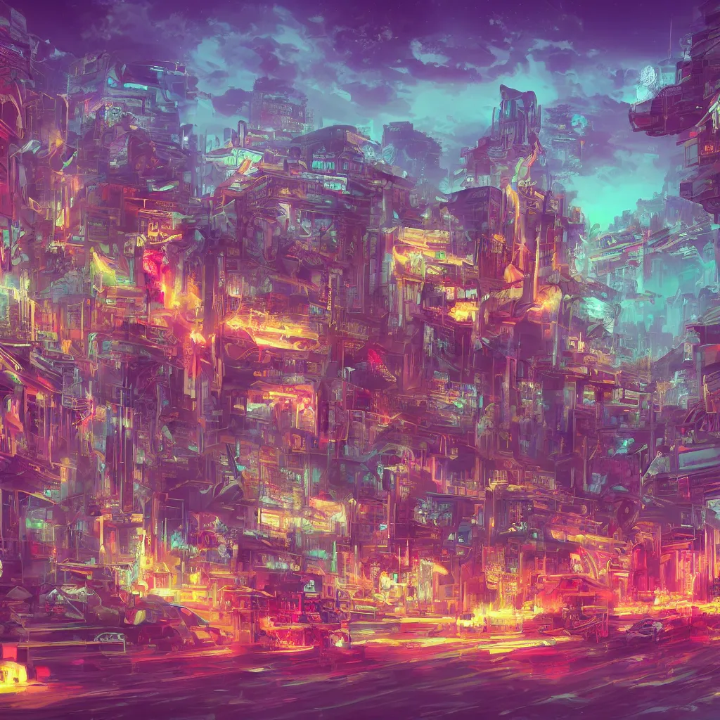 Image similar to ancient city, retrowave epic art, trending on art station