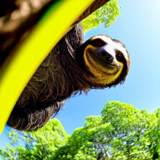 Prompt: a sloth hanging from a branch and wearing green and yellow glasses, from below, fish-eye lens