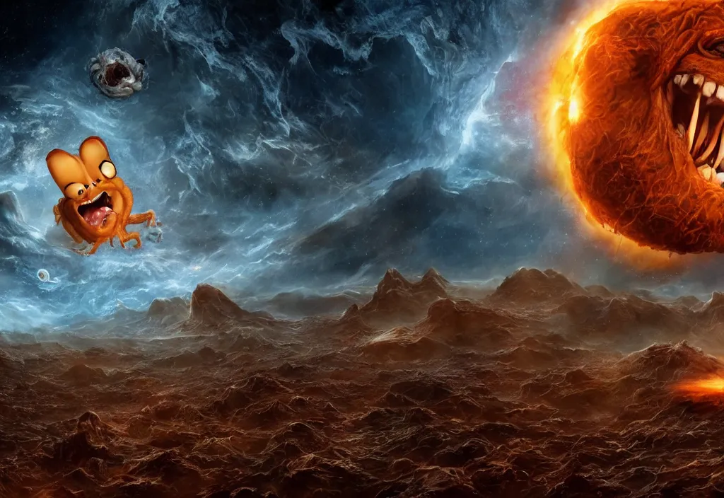 Image similar to eldritch horror bloody garfield in space, hd, 8 k, giant, epic, realistic photo, unreal engine, stars, prophecy, powerful, cinematic lighting, destroyed planet, debris, violent, sinister, ray tracing, dynamic, epic composition, dark, horrific, teeth, grotesque, monochrome drawing, hellscape