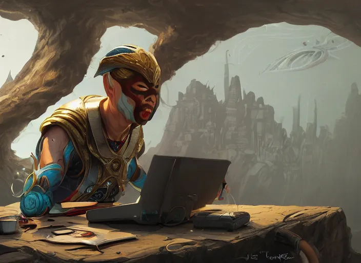 Image similar to an insanely detailed painting of an asian man wearing a homemade superhero costume, sitting at a desk, staring seriously at the computer and typing, in the style of peter mohrbacher, james jean, artgerm, dramatic lighting and composition, surreal background, octane render, pixar, trending on artstation, concept art, comic book, view from behind, 8 k