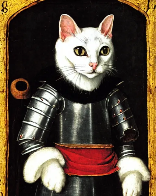 Image similar to medieval portrait of a black and white cat dressed as a knight, in the style of eugene de blaas