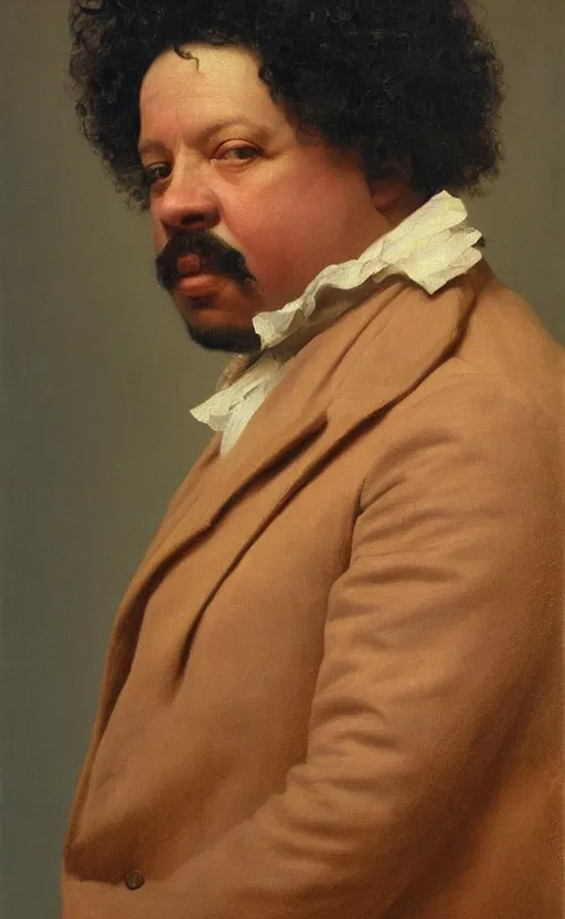 Image similar to Portrait of Alexandre Dumas, oil on canvas, highly detailed, by Kramskoy, 8k