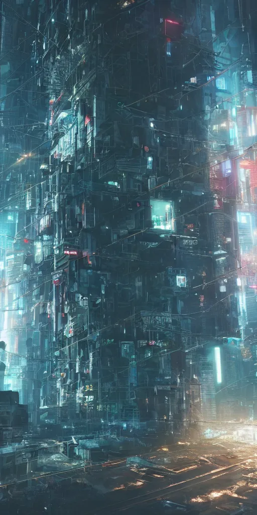 Image similar to a sentient cube destroying a dystopian city, cyberpunk, sharp focus, dynamic lights, still, photograph, hyper realistic, masterpiece, octane render, rendered, 3 d, cinematic, cinematic lighting, dramatic lighting, highly detailed, intricate details, texture, cinematic composition, wide shot, by donglu yu and kevin jick and eddie del rio