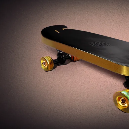 Image similar to steampunk skateboard gold black and rose, shiny golden, studio light, 4 k, highly detailed, black background, light on top