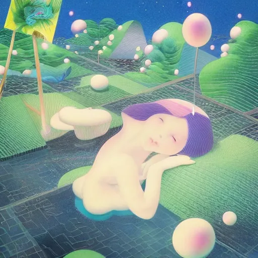 Image similar to Chiho Aoshima, minimalistic, hyperrealistic surrealism, award winning masterpiece with incredible details, epic stunning, infinity pool, a surreal vaporwave liminal space, highly detailed, trending on ArtStation, artgerm and greg rutkowski and alphonse mucha, daily deviation, IAMAG, broken giant marble head statue ruins, nightscape, milkyway