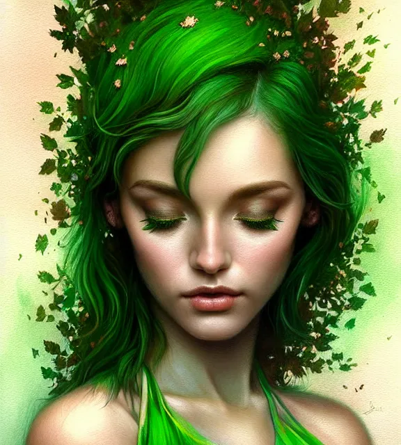 Prompt: beautiful tree wearing green leaf halter top, perfect face, dark green leaf hair, with abs, cinematic, blush, stunning, elegant, highly detailed, psychedelic, digital painting, artstation, smooth, hard focus, illustration, art by jessica rossier and and brian froud