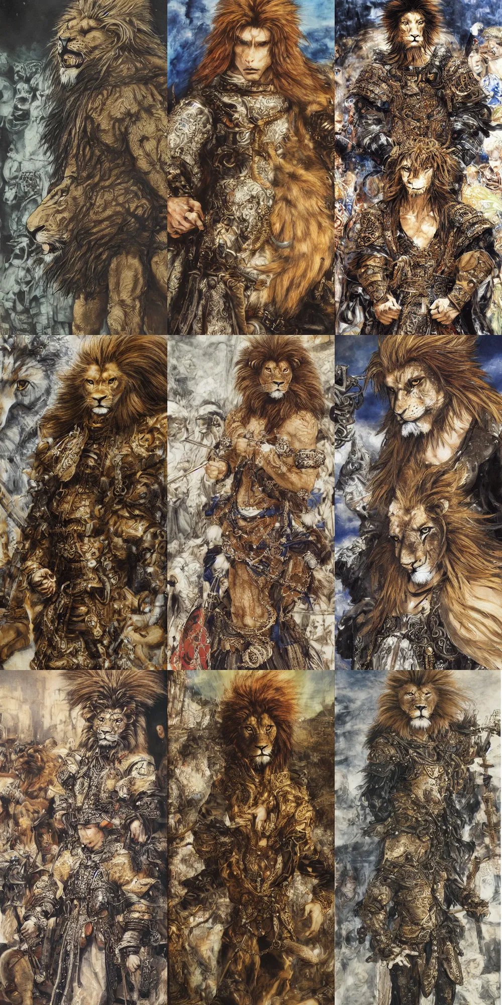 Image similar to 8 k yoshitaka amano painting of upper body of a young cool looking lion beastman with white mane at a medieval market at windy day. depth of field. he is wearing complex fantasy clothing. he has huge paws. renaissance style lighting.