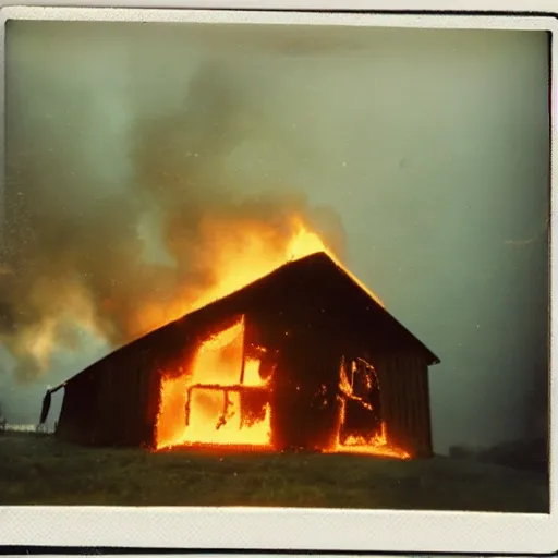 Prompt: a very beautiful old polaroid picture of barn on fire, award winning photography