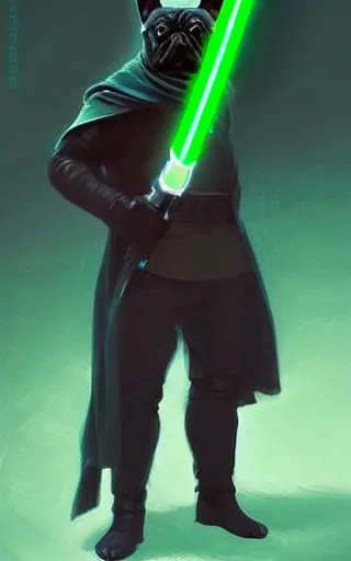 Prompt: character concept portrait, black french bulldog holding vertically green lightsaber. in the style digital painting, concept art, smooth, sharp focus, illustration, from metal gear, by ruan jia and mandy jurgens and william - adolphe bouguereau, artgerm