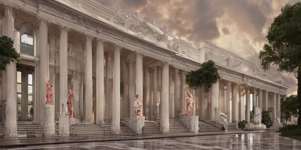 Prompt: 3d rendering of beautiful nature meets neoclassical architecture concept of a tall skyscraper by Des Ewing Architects, volumetric lighting, luxury, high detail, 14mm, mix of red and white marbles and granite structures, some marble statues can be seen, cinematic photography, lots of space, low density, cg architects, featured in Open House magazine, high resolution