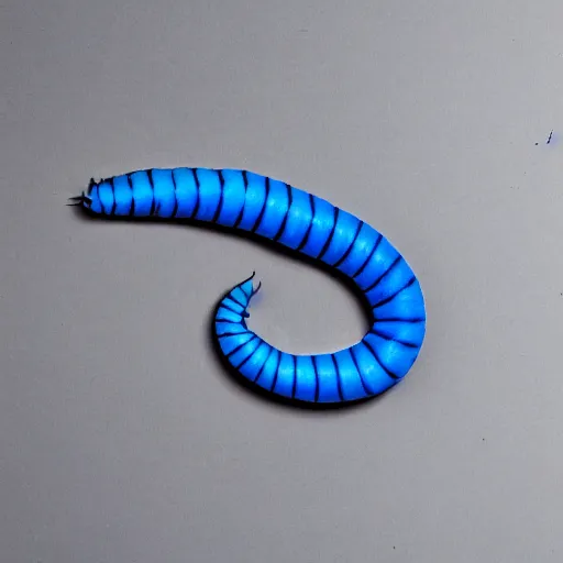 Image similar to studio photograph of a matte dark gray worm with a neon blue head and tail