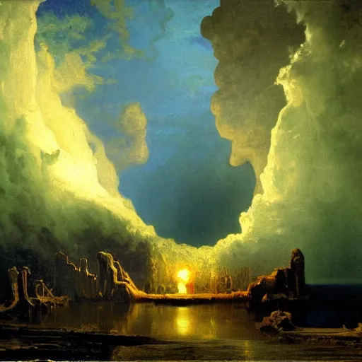 Image similar to Oil split in two, heaven and hell, by Albert Bierstadt, masterpiece, 4k