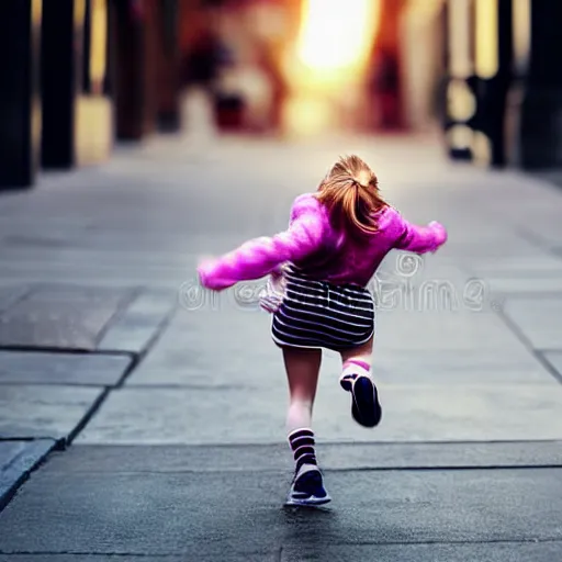 Image similar to portrait of midget emma stone running down a sidewalk, sharp focus, 4 k editorial photograph, soft lighting