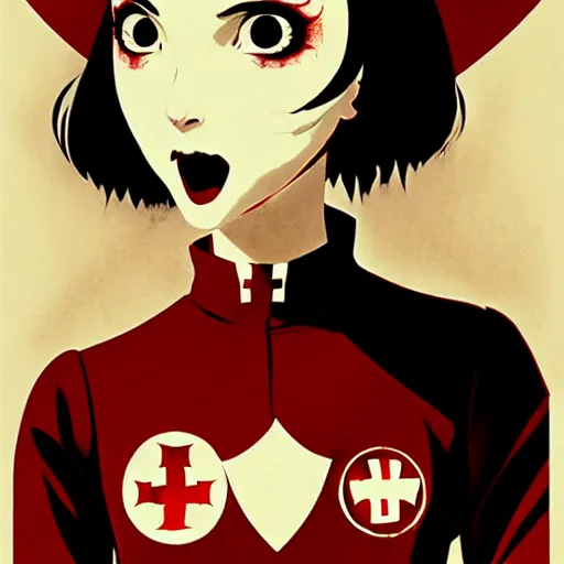 Image similar to scary female vampire nurse, symmetrical face, evil grin, nurse outfit, portrait size, cinematic, dramatic, super detailed and intricate, by koson ohara, by darwyn cooke, by greg rutkowski, by satoshi kon
