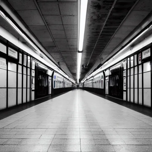 Image similar to a photo of a subway station without pillars nor benches, on either side, there are two trains speeding parallel to each other, 70mm lens, slow shutter speed, f/4, 41mm focal length, ISO 200, 4k, dramatic contrasting light, cinematic lighting, vanishing point, centered composition