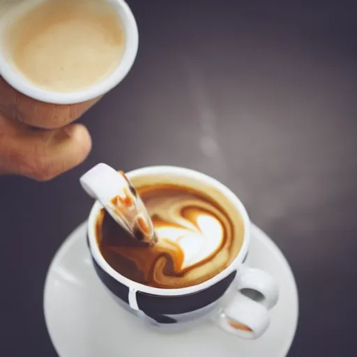 Prompt: a squid swimming in a cup of coffee, professional photography