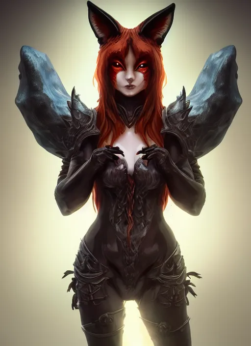 Image similar to imp demon goddess, cute fox ears, leather armor, character portrait in the style of thomas river and artgerm, cinematic lighting, hyperdetailed, 8 k realistic, symmetrical, global illumination, radiant light, frostbite 3 engine, cryengine, trending on artstation, digital art, chanel