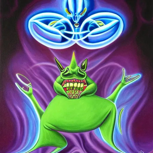 Prompt: a painting of an energetic Gengar relaxing by flooko, alex grey, glows,