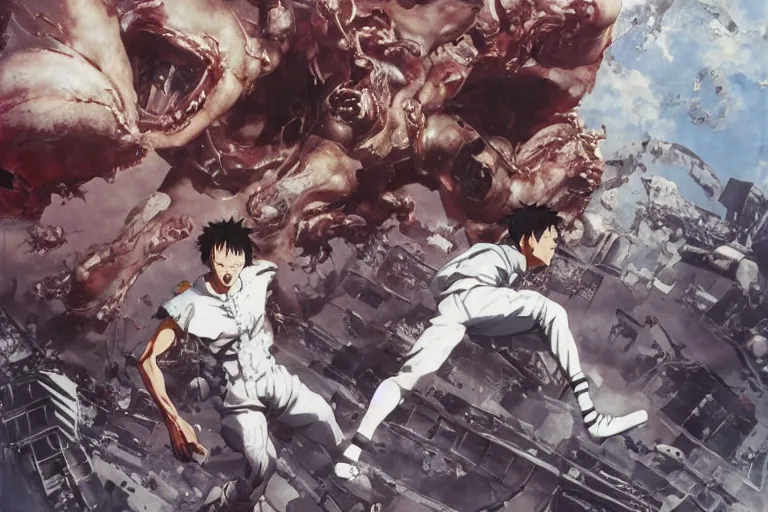 Prompt: scene from the anime, tetsuo\'s arm mutates at the olympic staduim, Katsuhiro Otomo, Phil hale, Ashley wood, Ilya repin, frank frazetta, 8k, hd, high resolution print