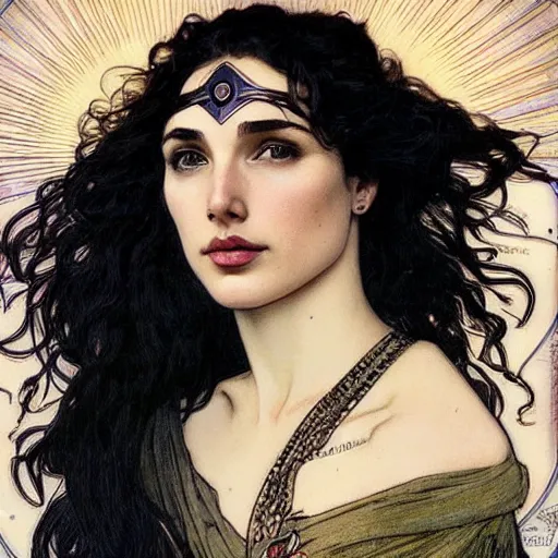 Image similar to gal gadot portrait by louis - theophile hingre and alphonse mucha, realistic, sharp focus, zodiac signs, tarot cards, planets, ethereal, art nouveau, magic, moon, sun, crown, dreamy, royal, jewellery