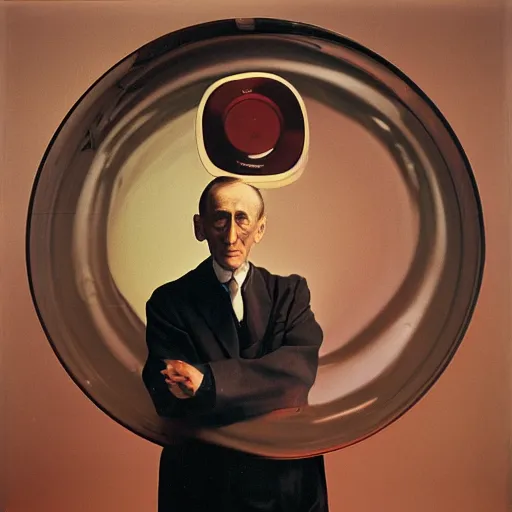 Image similar to Kodachrome portrait of Marcel Duchamp with an technologival machine, archival pigment print in the style of Hito Steyerl, studio shooting, contemporary art