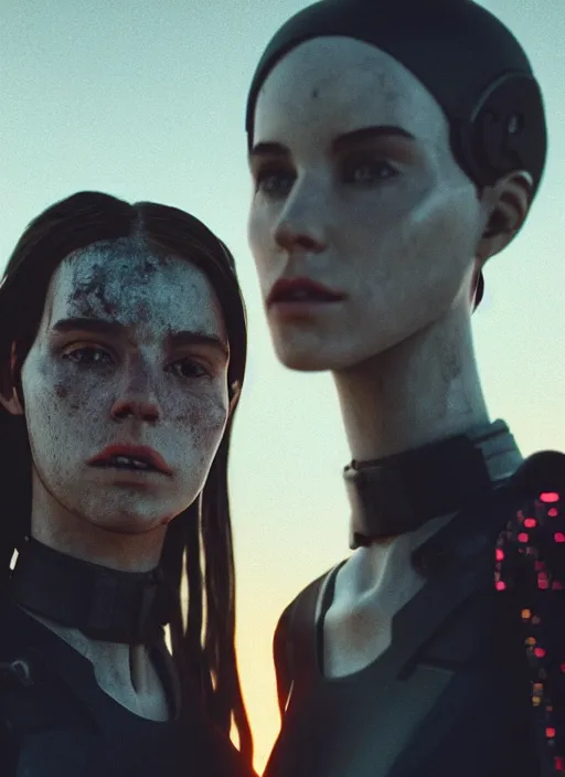 Image similar to cinestill 5 0 d photographic portrait of two loving female androids wearing rugged black techwear on a desolate plain with a red topographic holographic sky, extreme closeup, cyberpunk style, dust storm, 8 k, hd, high resolution, 3 5 mm, f / 3 2, ultra realistic faces, ex machina