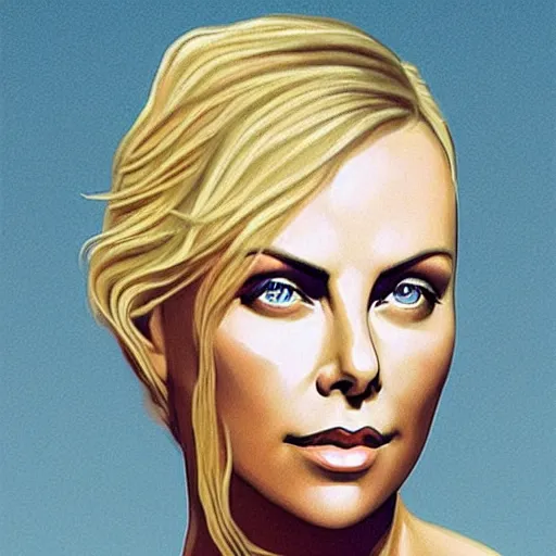 Image similar to “ charlize theron retro minimalist portrait, ultra detailed, by jean giraud, 8 k ”