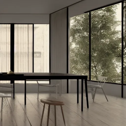 Image similar to brutalist open kitchen, big windows, showing trees landscape on background, minimalist architecture, minimalist furniture, octane render, high quality, 8 k, post production