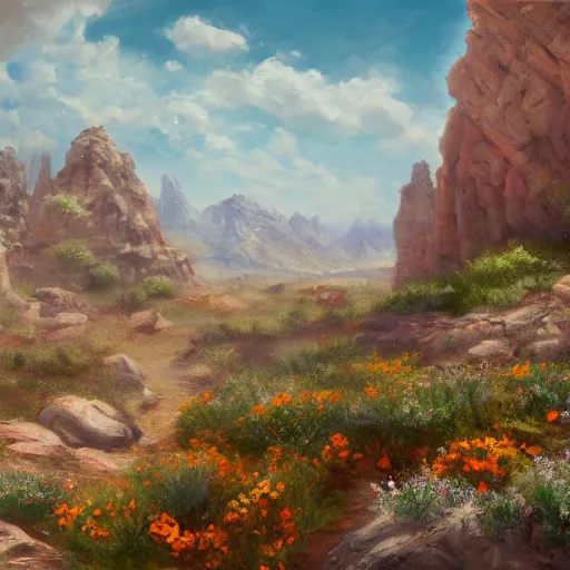 Image similar to a matte painting of the wild west, patchy flowers and rocks, oil painting, pale colors, high detail, 8 k, wide angle, trending on artstation,