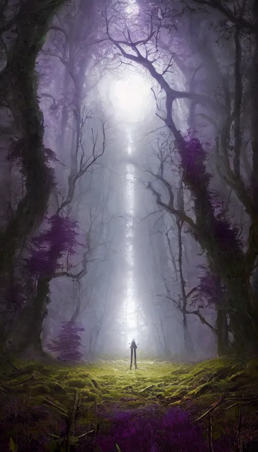 Image similar to Hyper realistic oil painting of a future sci-fi ancient god on the middle of a forest with a lot of purple trees holding a portal that's about to explode, fog, volumetric lighting, nighttime, moonlight, by Greg Rutkowski and Diego Velázquez