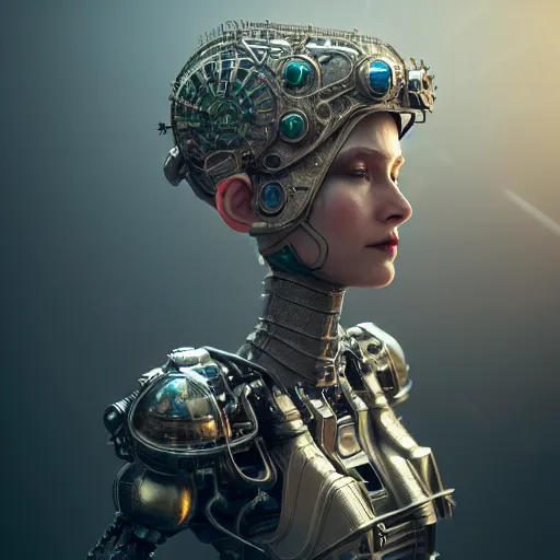 Image similar to dieselpunk robotic elvish empress, extremely detailed, hyperrealistic, intricate, soft light, fantasy, d & d, digital painting, art station, by wlop, octane render, unreal engine, 4 k