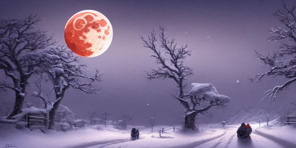 Image similar to painting a snowy landscape under the blood moon, decorated, intricate, elegant, highly detailed, digital painting, artstation, concept art, smooth, sharp focus, illustration, art by gerald brom, 8 k