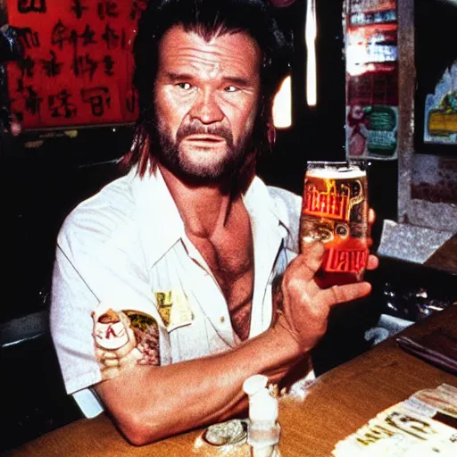 Image similar to Big trouble in little China, Jack Burton (no facial hair) drinking beer, Chinatown bar, amazing shot, colorized, 1987