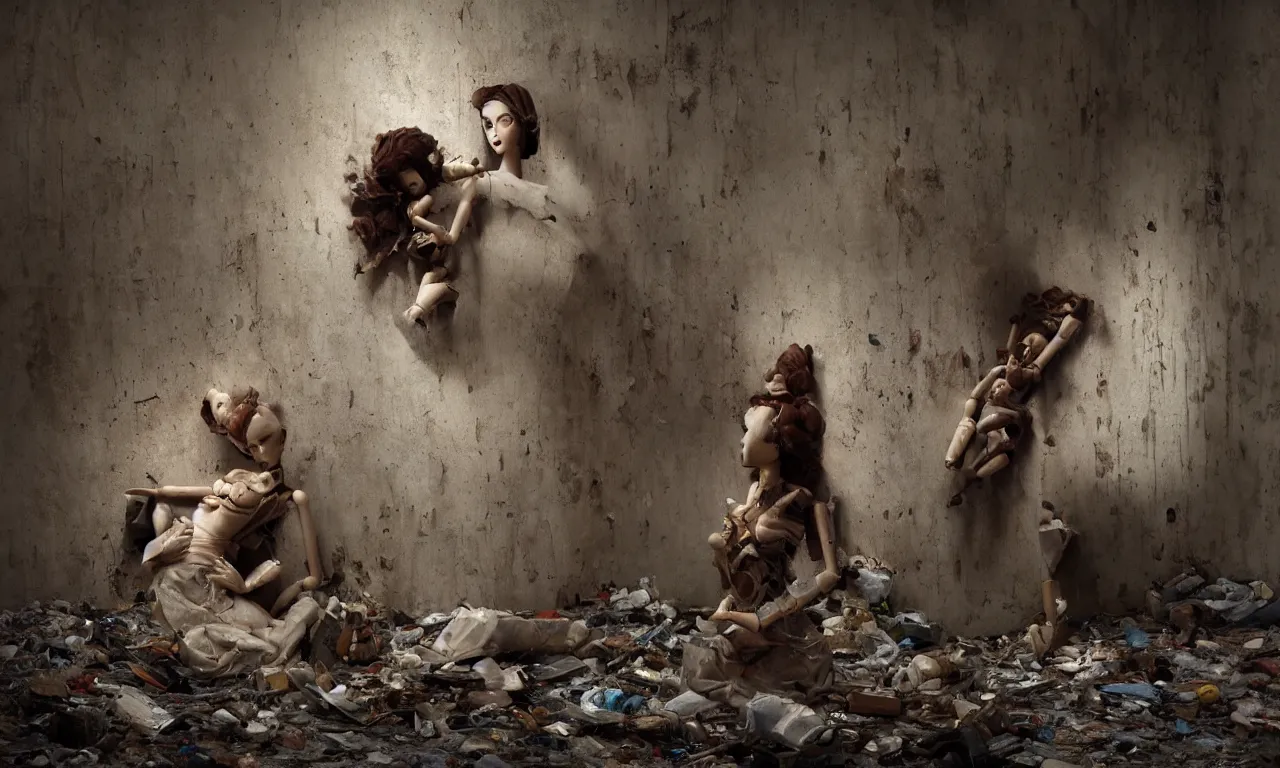 Image similar to a cinematic portrait of a beautiful female jointed wooden doll, holding each other, abandoned, left inside a room in a derelict house, broken toys are scattered around, rubbish, decay, by James C. Christensen, by Tomasz Alen Kopera, by Raphael, by Caravaggio, 8K, rendered in Octane, cinematic, 3D, volumetric lighting, highly detailed, photorealistic, hyperrealism