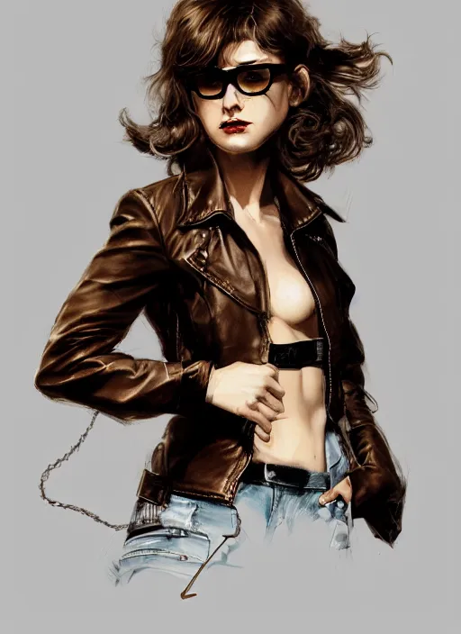 Prompt: pin - up rabbit woman with bangs, wavy brown hair and bangs, wearing round thin - rimmed glasses and a leather jacket, she has a big, round jawline, dramatic lighting, illustration by greg rutkowski, yoji shinkawa, digital art, concept art, trending on artstation