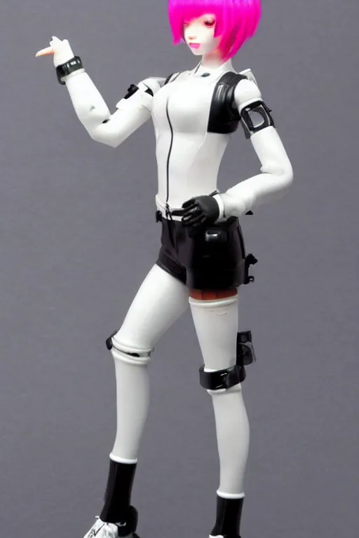 Image similar to cute girl with short pink hair, white plastic inflatable coat, mechanical arm, black tight pants ， by brian sum