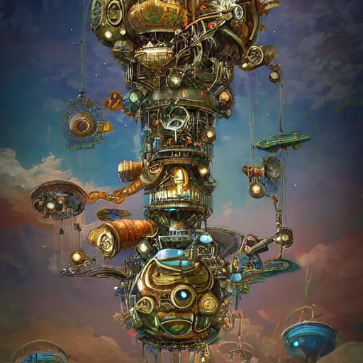 Prompt: flying city in a mechanical flower, flying city in a mechanical flower, detailed, sky, fantasy art, steampunk, masterpiece