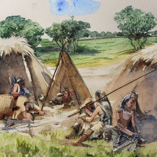 Prompt: watercolor concept sketch of a neolithic tribe living near a riverbank in neolithic england