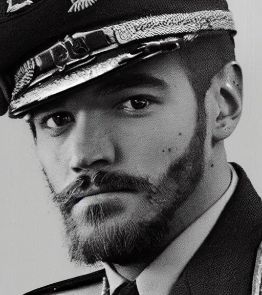 Image similar to Grainy black and white photo of PewDiePie as a WW2 general